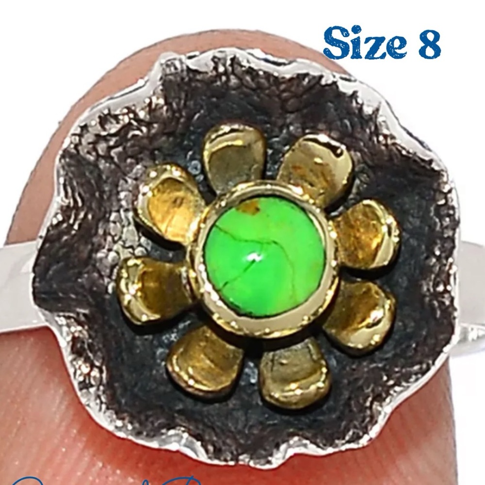 Green Copper Turquoise Two tone Sterling Silver Ring